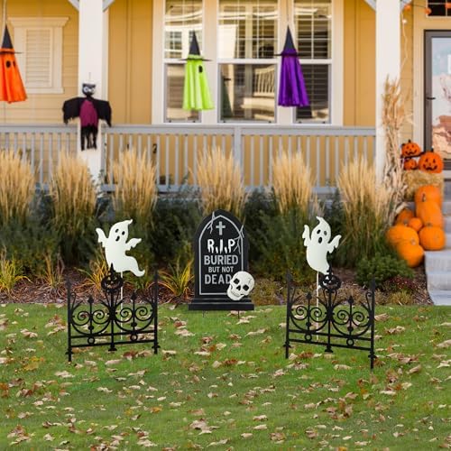 Glitzhome 24"H Set of 5 Halloween Metal Graveyard Tombstones Yard Stakes, Ghost Scary Yard Signs for Outside Lawn Garden Halloween Wall Decorations
