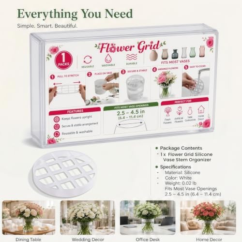 Flower Grid Silicone Vase Stem Organizer, 1 Pack, 3.2 Inch for Medium Vase