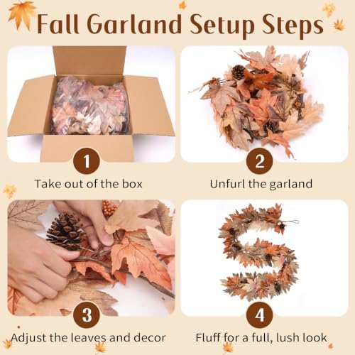 2 Pack 9 Ft Fall Garland with Lights & Timer, Thanksgiving Mantel Decor