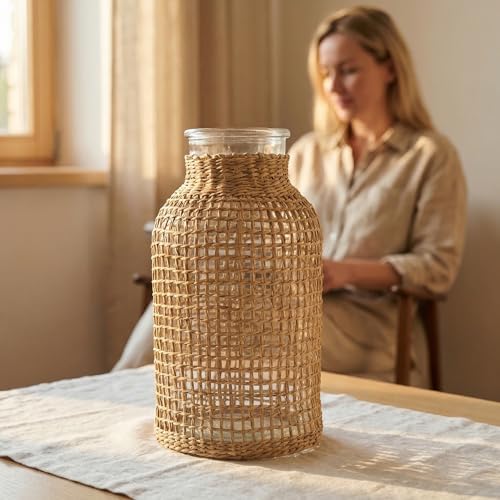 DOITOOL Glass Vase Set with Rattan Cover, Wicker Flower Vase for Home Decor, Boho Decorative Pitcher with Clear Glass Interior, Rustic Farmhouse Table Centerpiece for Floral Arrangements (S+L)