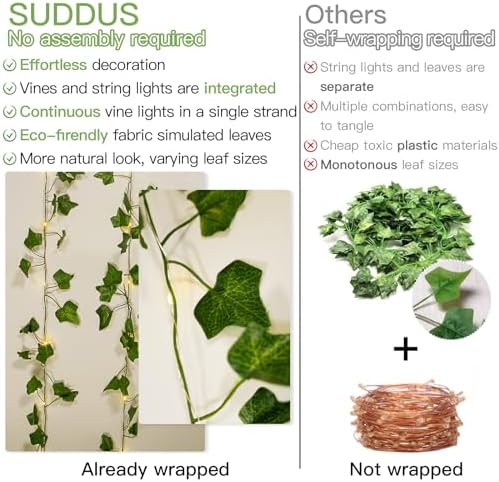 suddus Ivy Vine with Fairy Lights, 6.56ft 20LED Battery Leaf String Lights