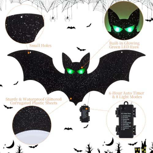CCINEE 2Pcs Lighted Halloween Hanging Bats, 15in Glitter Black Bat Ornaments with Glowing LED Eyes, Indoor Outdoor Halloween Decor for Yard, Window, Ceiling, Tree, Haunted House Party