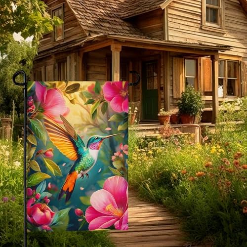 Hummingbird Spring Garden Flags 12 x 18 Summer Flower Garden Flag Bird Floral Seasonal Yard Flags Double Sided for Outside Lawn Outdoor Decorations