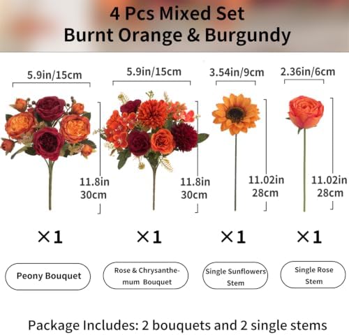 4 Pcs Mixed Autumn Artificial Peony Flower Set-2 Bouquets & 2 Stems, Burnt Orange Wine Red Fake Peony Sunflower Silk Flower for Fall Table Centerpiece Farm Wedding Thanksgiving Halloween Home Decor