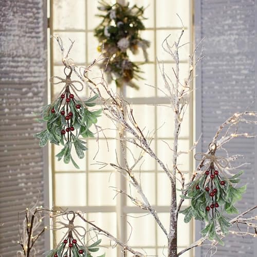 Mistletoe Decoration 9 Inch Mistletoe Christmas Decor with Berries Artificial Mistletoe Pick Kissing Ball Christmas Mistletoe Hanging Ornament for Tree Door Holiday Decor (White, 6PCS)