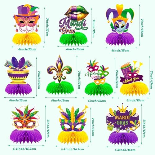10 Pcs Mardi for Gras Party Honeycomb Centerpieces Table Decoration