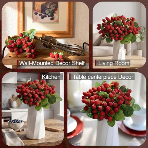 Hoteam 10 Pcs Artificial Raspberries Stems 11 Inch with Leaves, Red