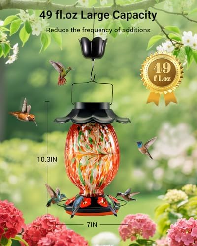 HouseSapp Solar Hummingbird Feeder - 49 fl.oz Hand Blown Glass Color Changing - 7 Feeding Ports with Perch - Never Leak - Perfect Hummingbird Feeder