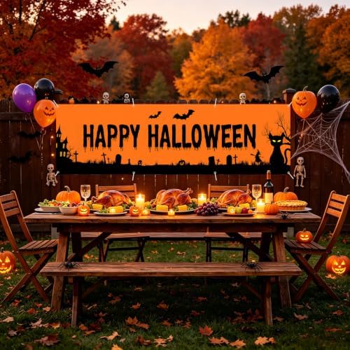 118"x35" Extra Large Happy Halloween Banner Big Spooky Halloween Backdrop for Giant Outdoor Yard Easy Hang with Ropes&Grommets–Perfect for Fence, Porch, Garden, Haunted House Party Signs (Orange Silhouette, 118"x35")