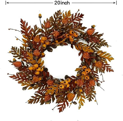 WreathDream 20 inch Fall Wreath Autumn Oak Leaves Wreath with Cape Gooseberry,Oak Leaf,Acorn,Berry,Pine Cone for Front Door Farmhouse Indoor Outdoor Festival Home Decor
