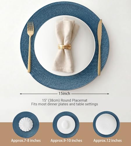 FunWheat Round Braided Placemats Set of 4 Table Mats for Dining Tables Woven Washable Non-Slip Place mats 15inch (Blue, 4pcs)