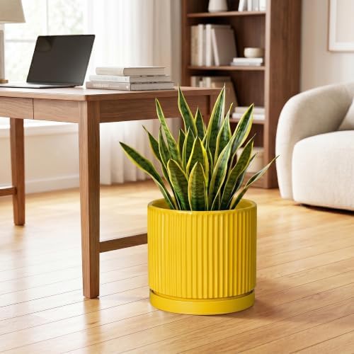 Ceramic Pots for Plants, 10 Inch Plant Pots with Tray, Yellow