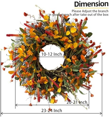 HipTree 24 Inch Fall Wreath for Front Door, Autumn Wreath with Mini Pumpkin