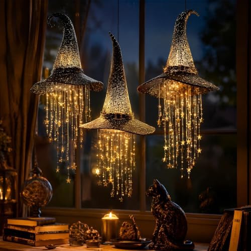 Lighted Witch Hat Hanging Chime, Spooky Witch Hat Lamp with Cascading Stars