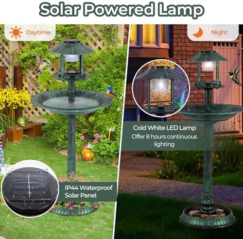 LDAILY Outdoor Bird Bath, 42’’ Solar Lighted Pedestal Birdbaths with Birds Feeder ,20’’ Water Bowl, Flower Planters and 3 Stakes, Attract Birds Antique Bird Bath for Outside Garden, Yard (Green, 42‘’)