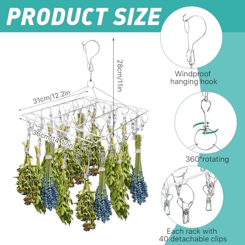 Herb Drying Rack for Drying Spices, Rustproof Dryer with 40 Hooks