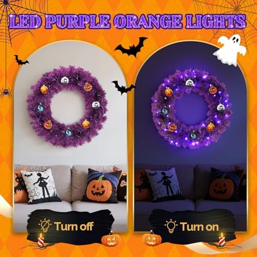 VINGLI 24" Purple Christmas Wreath with Battery LED Lights, Colorful Decor