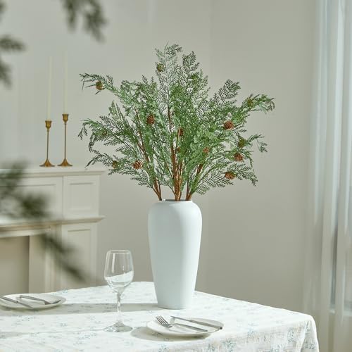 Heleze 33 Inch Faux Cedar Stems with Pine Cones, Christmas Greenery Stems Artificial Pine Branches Fake Cypress Picks for Vase Home Decor 3 Pcs