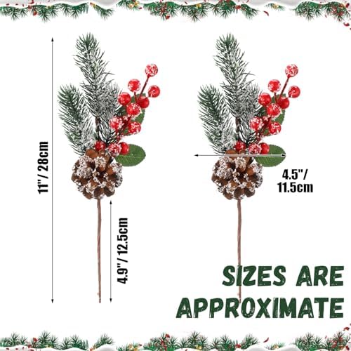 Yuxung 24 Pack Christmas Flower Picks Red Picks Pine Picks Set 11 Inch Pine Snowy Flower Berry Picks Artificial Pine Cones Holly Stem Craft Fake Berry Branches for Christmas Xmas DIY Tree Decor