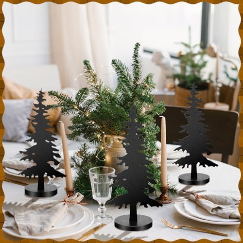 Shimeyao 3 Pcs Metal Pine Tree Decor, Black Christmas Decor with Wood Base