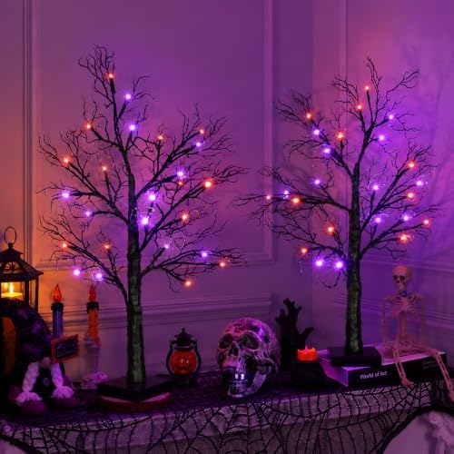 [Timer] 2 Pack Halloween Decorations Indoor, 24 Inch Lighted Black Halloween Tree with 24 Orange & Purple Lights, USB or Battery Powered Spooky Tabletop Tree for Home, Party, Fireplace & Holiday Decor