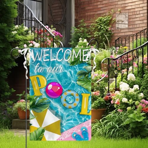Welcome to Our Pool Garden Flags 12x18 Inch for Outside Summer Pool Party Decor Yard Flag Green Banana Leaves Farmhouse Garden Flag Double Sided for Yard Outdoor Decorations