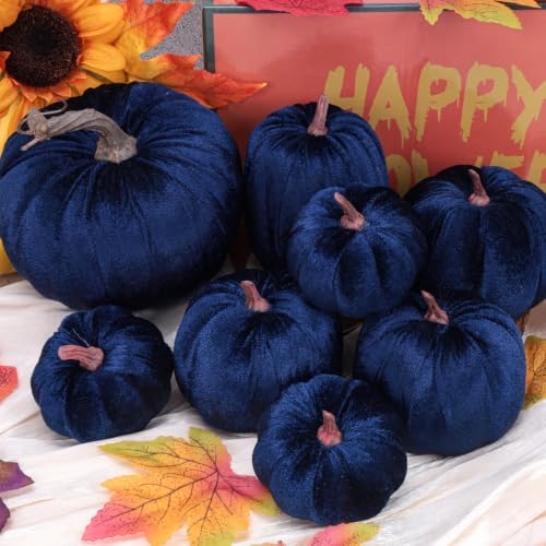Gresorth 8 Pcs Fake Blue Velvet Pumpkins Artificial Pumpkin Decoration