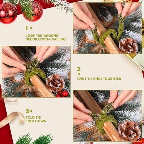 12Pcs Olive Green Christmas Garland Ties Decorative Banister Twist, Christmas Holiday Wreath Ties for Xmas Banisters Home Staircase Railings Decorations, 16 Inches