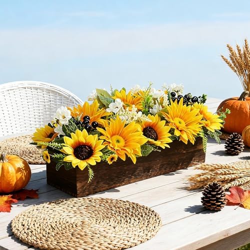 Sunflower Arrangement with Wood Tray Centerpieces for Tables Home Decor