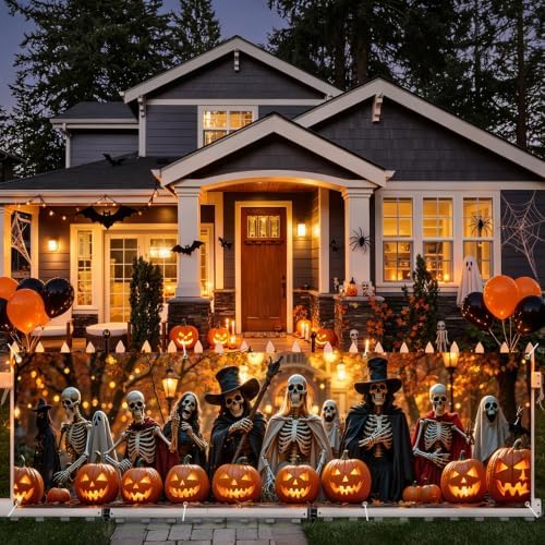 118"x35" Extra Large Happy Halloween Banner Big Spooky Halloween Backdrop for Giant Outdoor Yard Easy Hang with Ropes&Grommets–Perfect for Fence, Porch, Garden, Haunted House Party Signs (Skeleton Army, 118"x35")