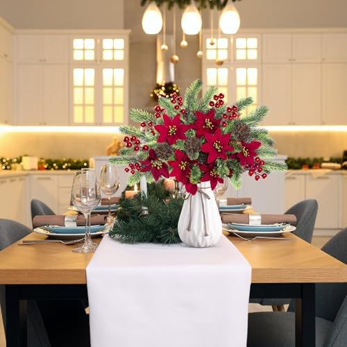 Sggvecsy 6Pcs Christmas Flowers Artificial Pine Branches Poinsettia Floral Picks 14’’ Red Berry Stems with Pinecones for Home Porch Garden Indoor Outdoor Holiday Xmas Decorations