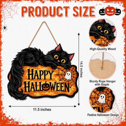Halloween Door Sign, Wooden Black Cat Happy Halloween Hanging Wreath Plaque