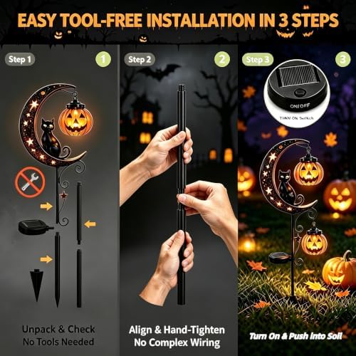 Halloween Solar Lights, Halloween Black Cat Pumpkin Moon Garden Stake Light