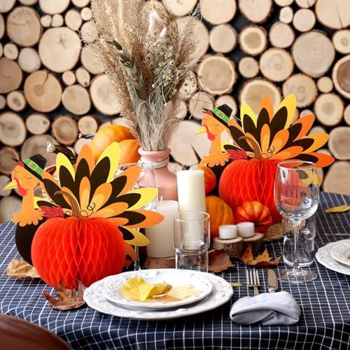 Fourluoo 12 Pcs Fall Thanksgiving Table Decor Turkey Honeycomb Centerpiece
