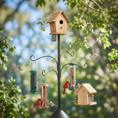 Bird Feeder Pole 100 Inch with Squirrel Baffle and 4 Feeder Hooks Heavy Duty Adjustable Bird House Pole with Top and Side Mount for Smart Feeders, Bluebird Houses, Yard and Garden