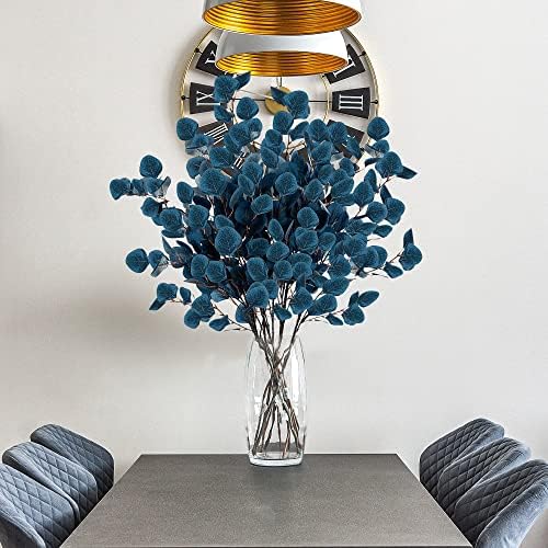 Sggvecsy 6 Pcs Eucalyptus Leaves Artificial Eucalyptus Stems Long Silver Dollar Leaves Faux Leaf Branches Fake Silk Eucalyptus for Spring Summer Home Festival Thanksgiving Christmas Decor (Blue)