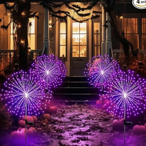 Tujoe 4 Pack Halloween Outdoor Decoration Solar Firework Lights,Purple