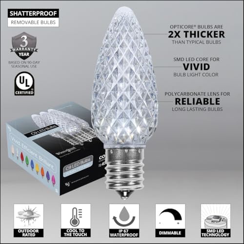 Wintergreen Lighting 50’ OptiCore LED Cool White Christmas Pathway Lights, C9 Outdoor White Christmas Lights, 4.5” Stakes, Green Wire Plug String Lights
