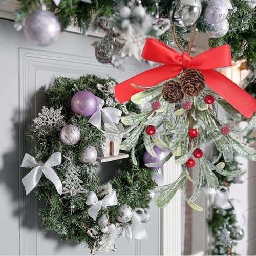 Christmas Artificial Mistletoe Ornament with Red Bow Snowy Red Berries Christmas Hanging Mistletoe Decorations Bouquet Floral Natural Pine Cones Holiday Decoration Ornament Bouquet