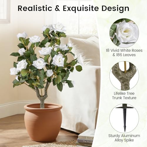 Goplus 2 Pack Artificial Rose Flower Trees, 31.5” Fake Shrub Plants with Spikes, 186 Leaves & 18 White Flowers, Sun-Proof Indoor & Outdoor Silk Floral Topiary Plants for Home Porch Wedding