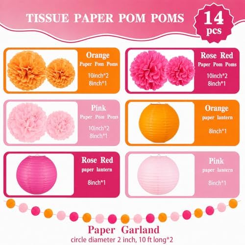 14 Pcs Pink Orange Party Decorations, Pom Poms, Paper Lanterns, Garlands