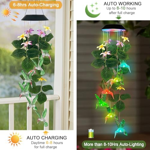 Hummingbirds Solar Wind Chimes Outdoor,Color Changing LED Dangler Mobiles