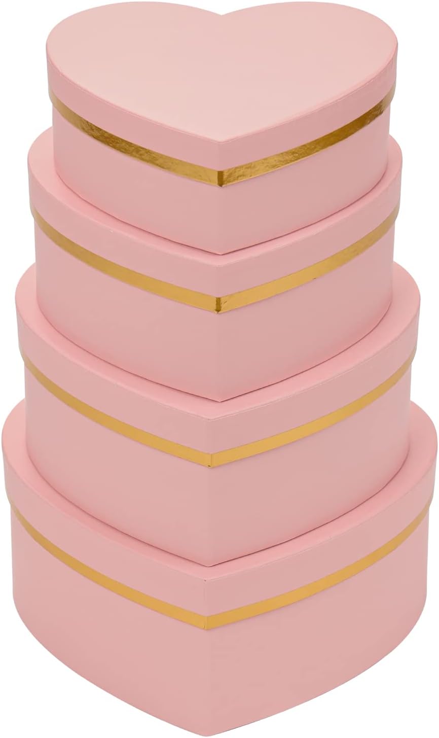 Oairse Pink Gift Boxes with Lids for Present Heart Shaped Flower Boxes for Arrangements Set of 4 Floral Gift Boxes for Bridesmaid, Proposal, Wedding, Birthday, Baby Showers