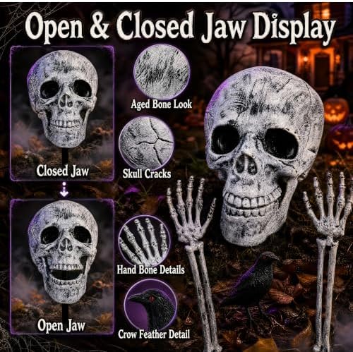 Halloween Yard Stakes Skeleton Decorations – Skull Head with Crow & 2 Skeleton Hands, 4-Piece Outdoor Halloween Decor, Skeleton Bones Ground Stakes for Yard, Lawn, Garden & Graveyard Display