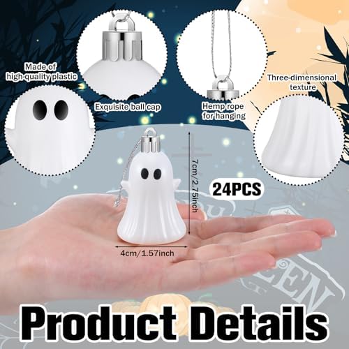 Lunmon 24 Pcs Classic Ghost Halloween Ornaments 2.2" Plastic with Rope