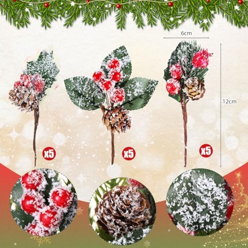 Yunlly 60 Pcs Christmas Pine Picks Holly Berry Pinecones, Snow Style