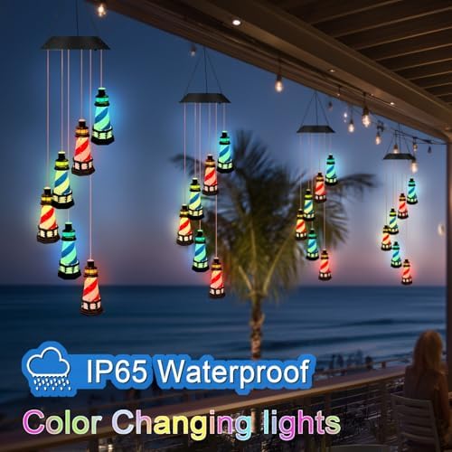 Solar Lighthouse Wind Chimes,Color Changing LED Dangler Mobiles for Outside