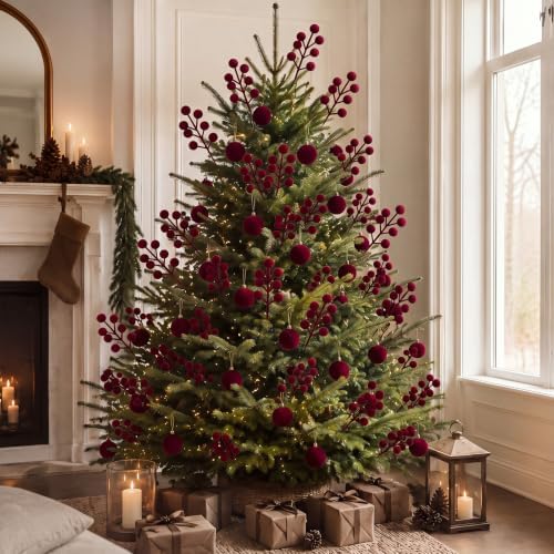 60 Pcs Burgundy 6.5 Inch Christmas Holly Berry Stems