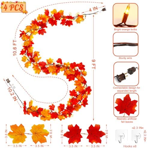 4Pack 36FT Plug in Fall Garland with Lights for Fall Decorations for Home