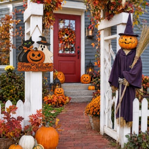 Halloween Door Sign, Wooden Black Cat Ghost Pumpkin Happy Halloween Wreath